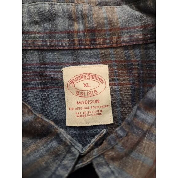 Brooks Brothers 100% Irish Linen plaid blue pocket shirt mens XL button up - Picture 2 of 6